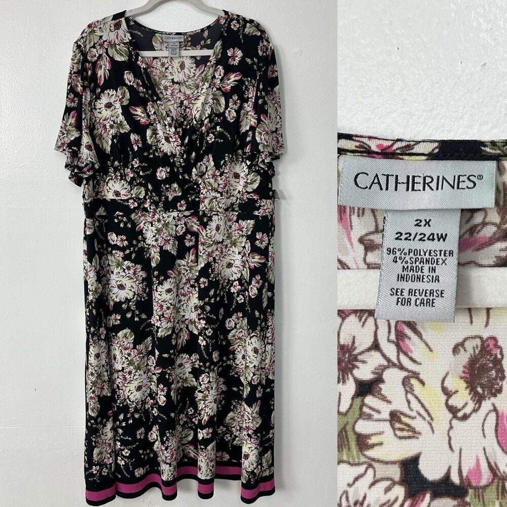 Catherines Floral Babydoll Dress Comfort Stretch Midi Maxi Short Sleeve 2X NWT